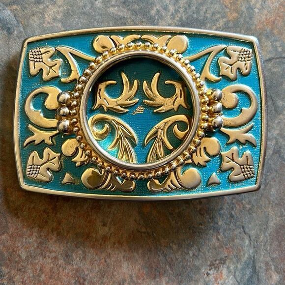 Vintage Metal Belt Buckle Turquoise Gold Rodeo - Picture 1 of 5